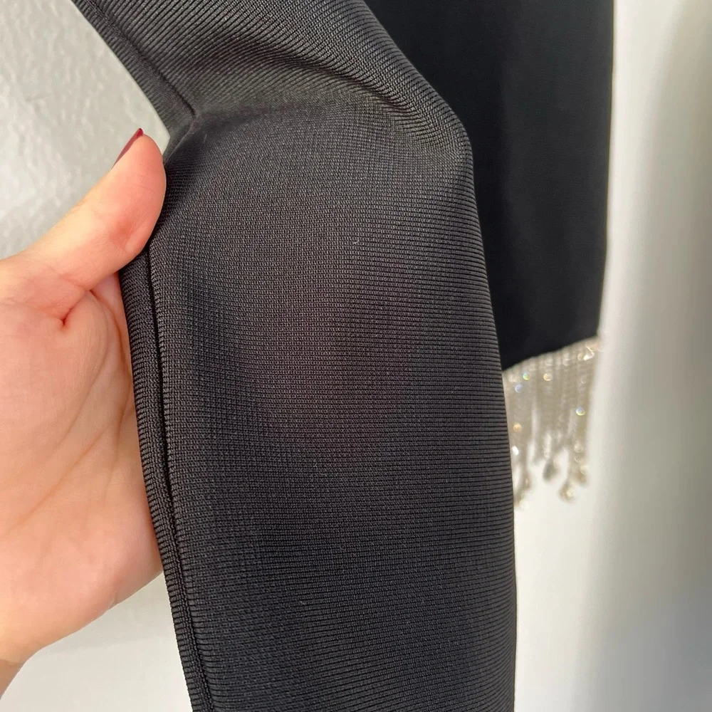 Black Mock-Neck Bandage Bodycon Mini Dress with Rhinestone detail on right side - Picture 10 of 11